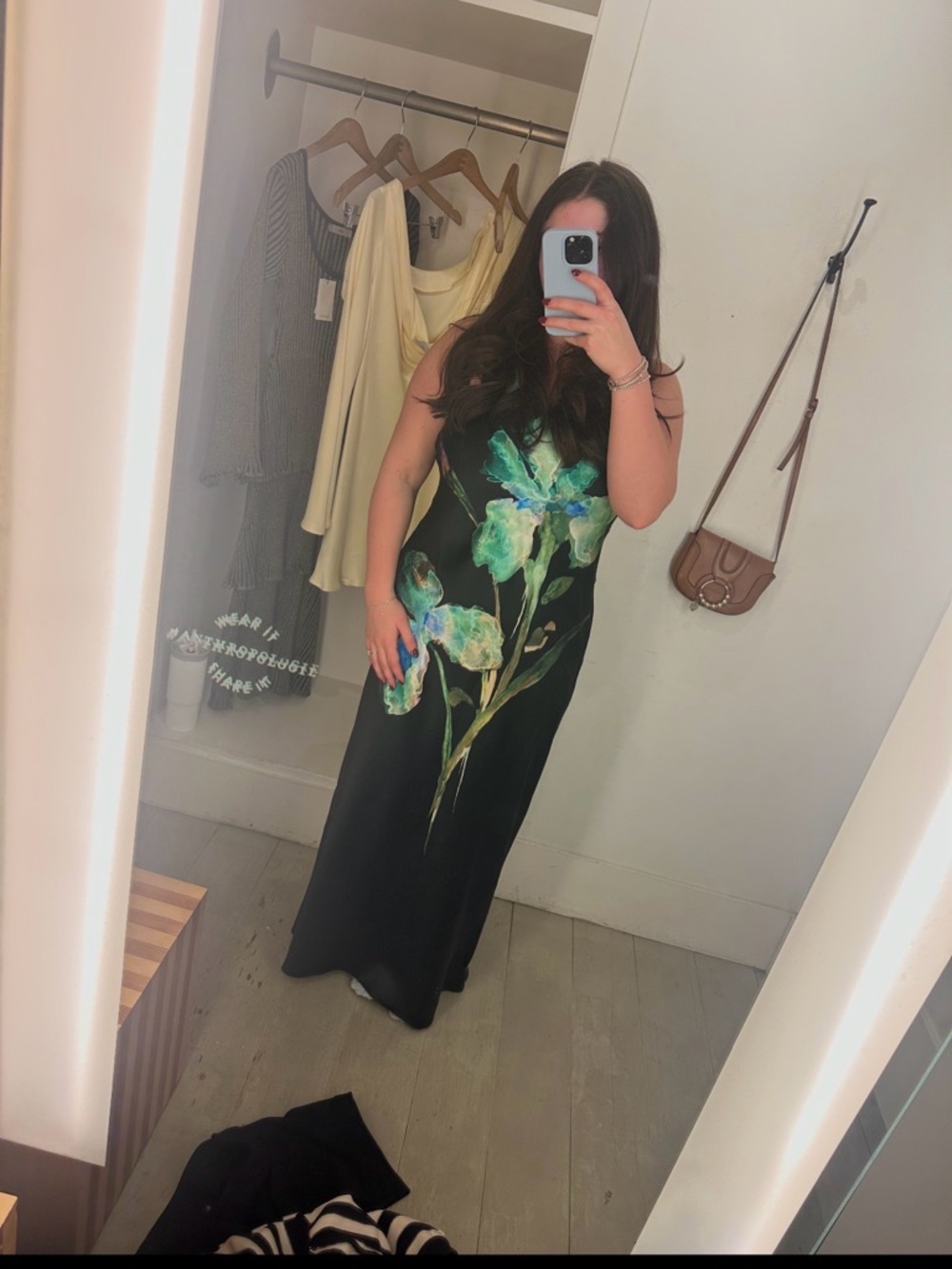 Anthropologie Black Maxi Dress with Green Floral Motif